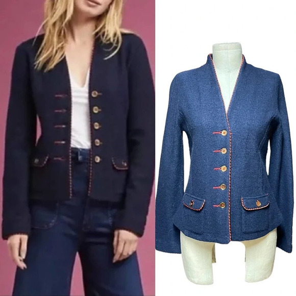 Anthropologie Rosie Neira Military Sweater Blazer Jacket Wool‎ Navy Blue Size XS - Picture 1 of 10